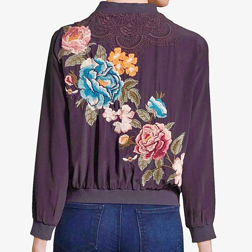 Johnny Was Alice 100% Silk Crepe Bomber Jacket